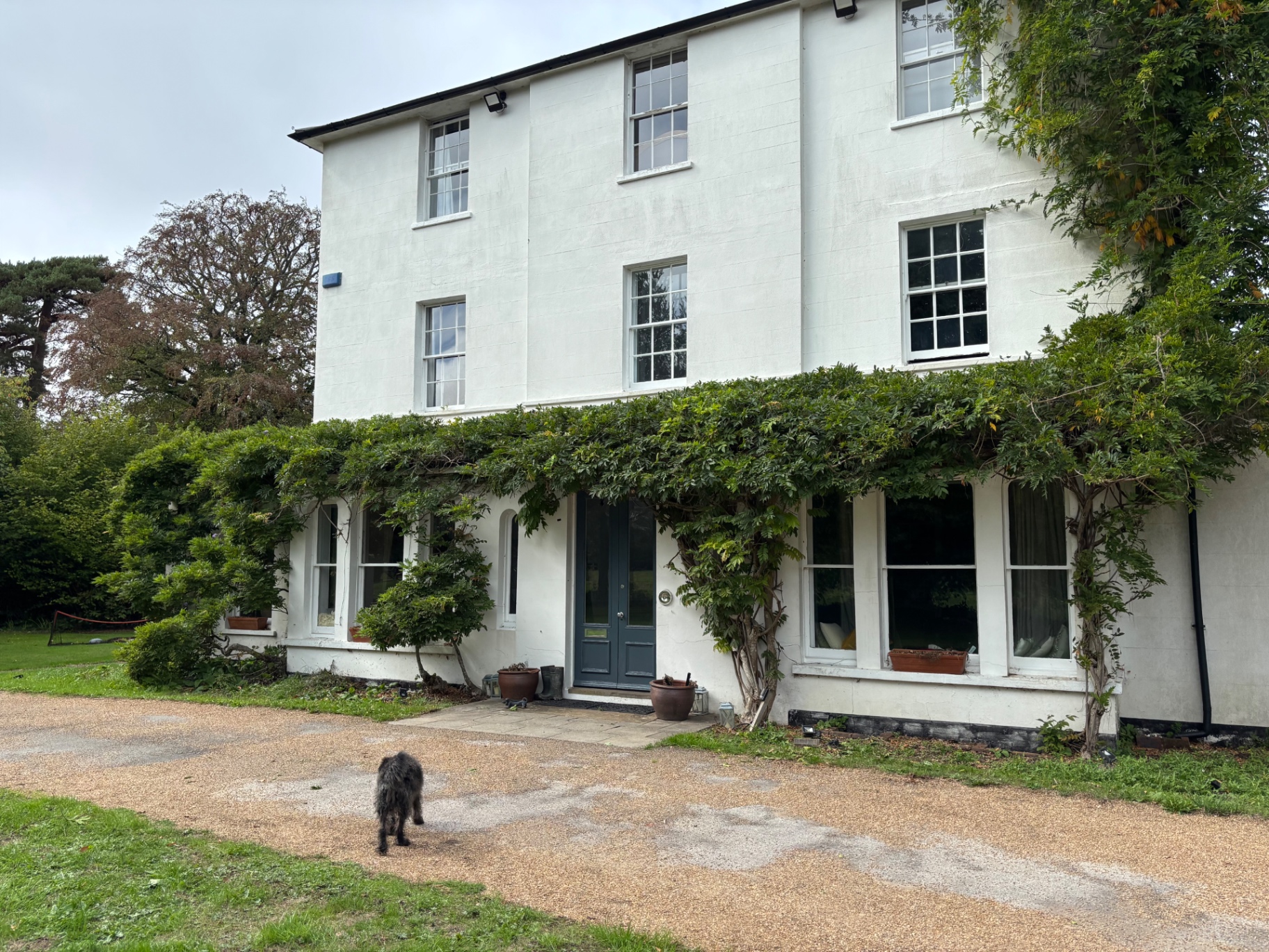 House front and gravel drive left tidy after the grounds works — after