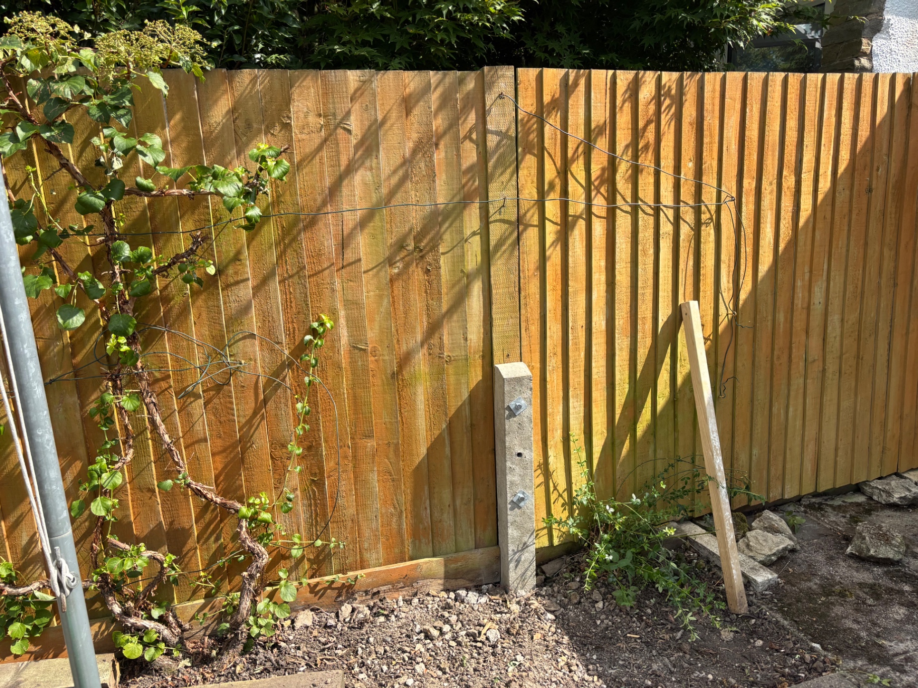 Second concrete spur fitted to a damaged post — fence pulled back to plumb