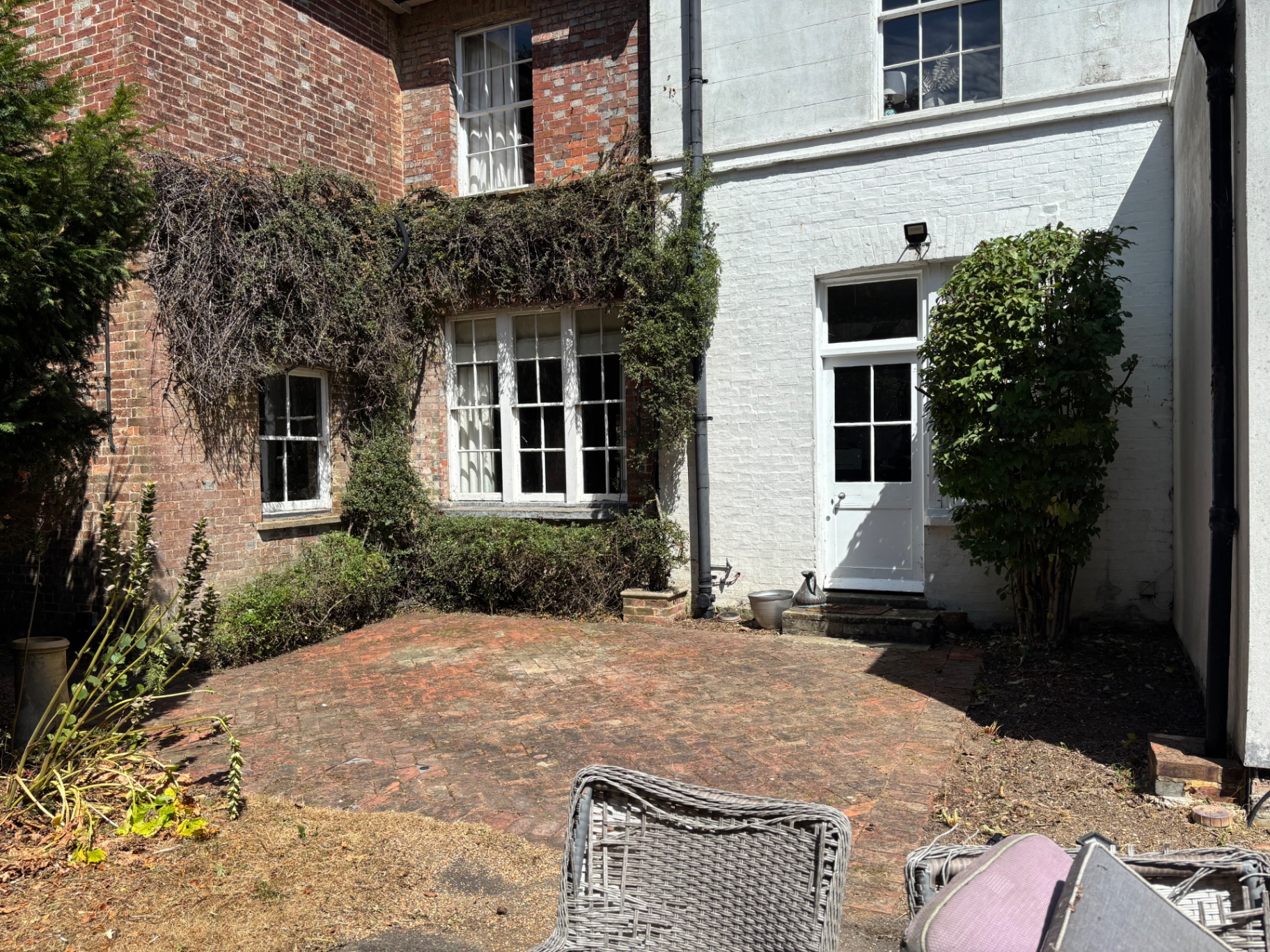 Brick patio cleared of weed growth and swept tidy — after