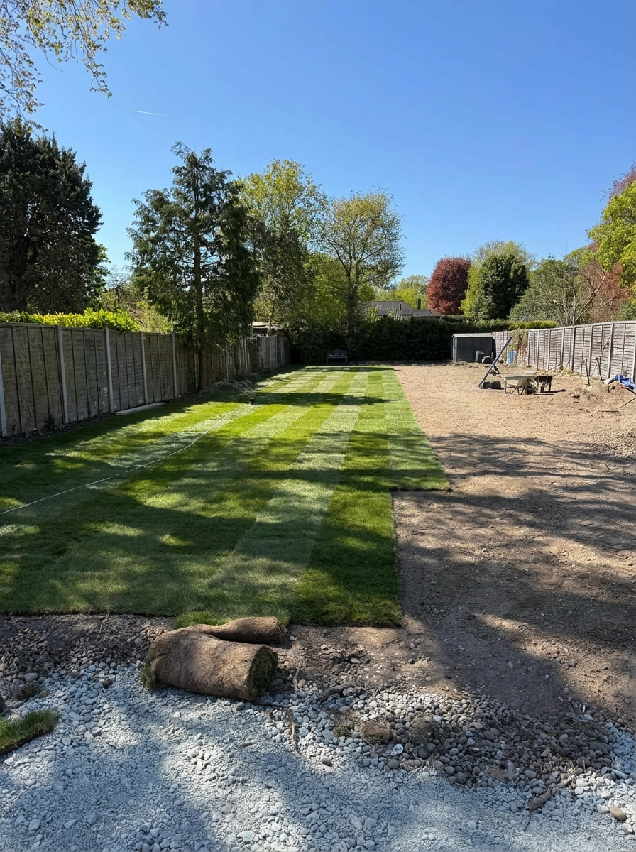 Fresh turf laid in neat rows with sprinkler watering in — lawn renovation project by Gardner Contract Services